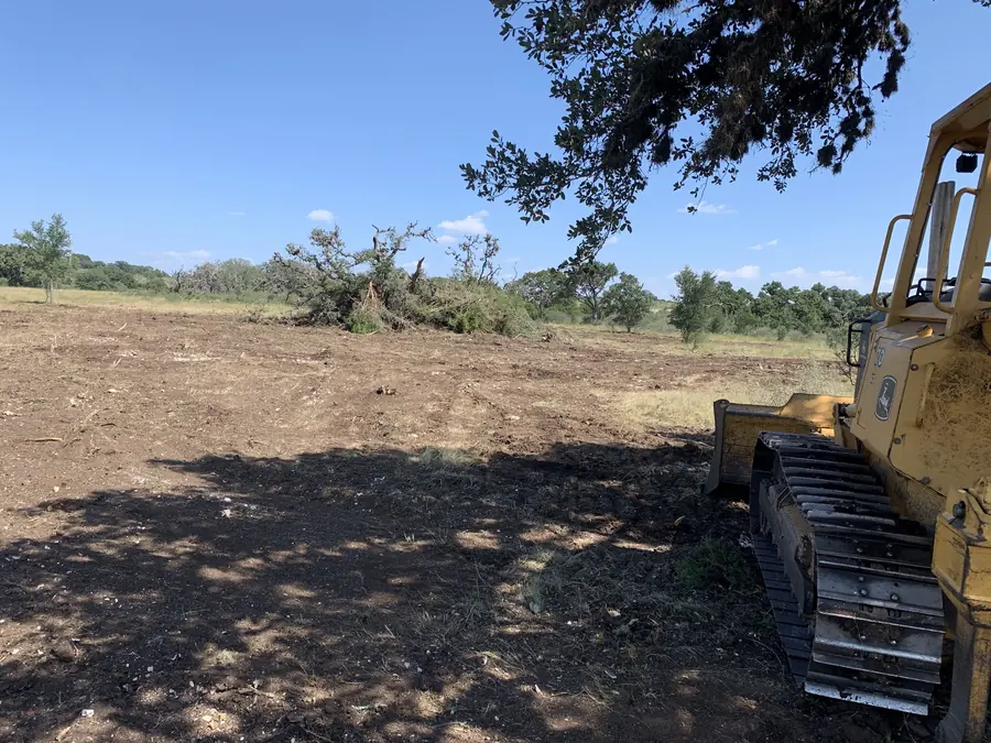 Crawler dozer parked on freshly cleared pasture under an oak limb, with pushed trees in the distance